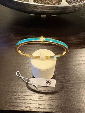 Tory Burch Gold and Turquoise Enamel Logo Hinge Bracelet